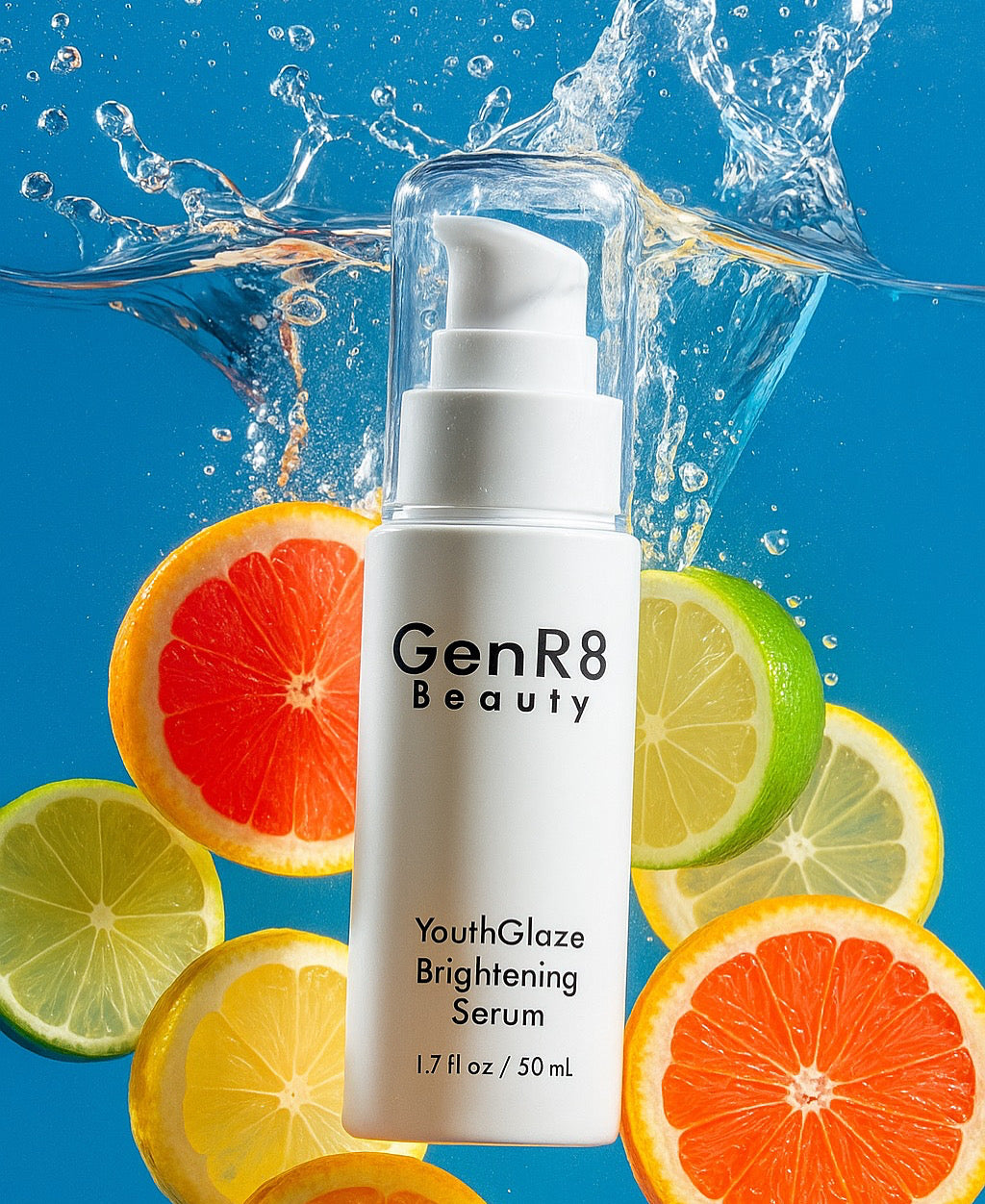 GenR8 Beauty YouthGlaze Brightening Serum with citrus fruits on a blue background